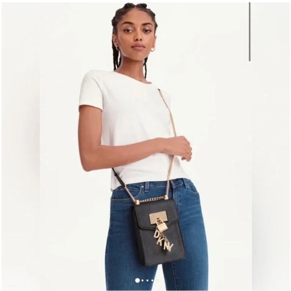 DKNY Black Hard Case Crossbody Bag Shoulder Bag with Gold Tone Accents & Chain - Picture 5 of 17